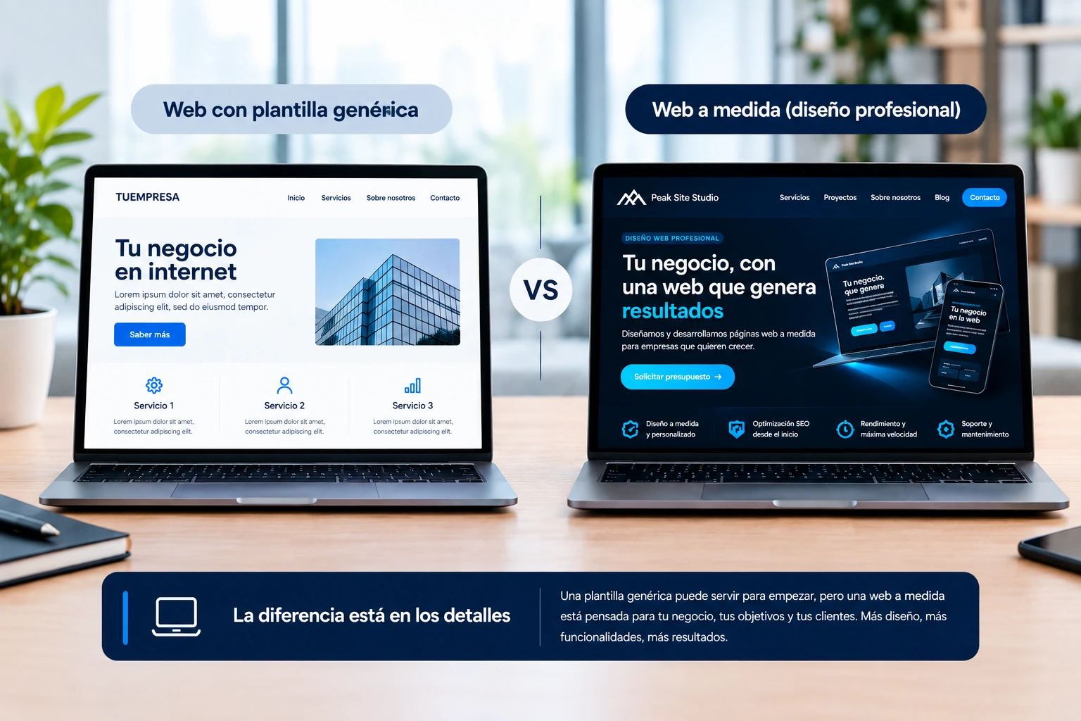 Comparativa entre una web con plantilla genérica y una web con diseño web profesional a medida