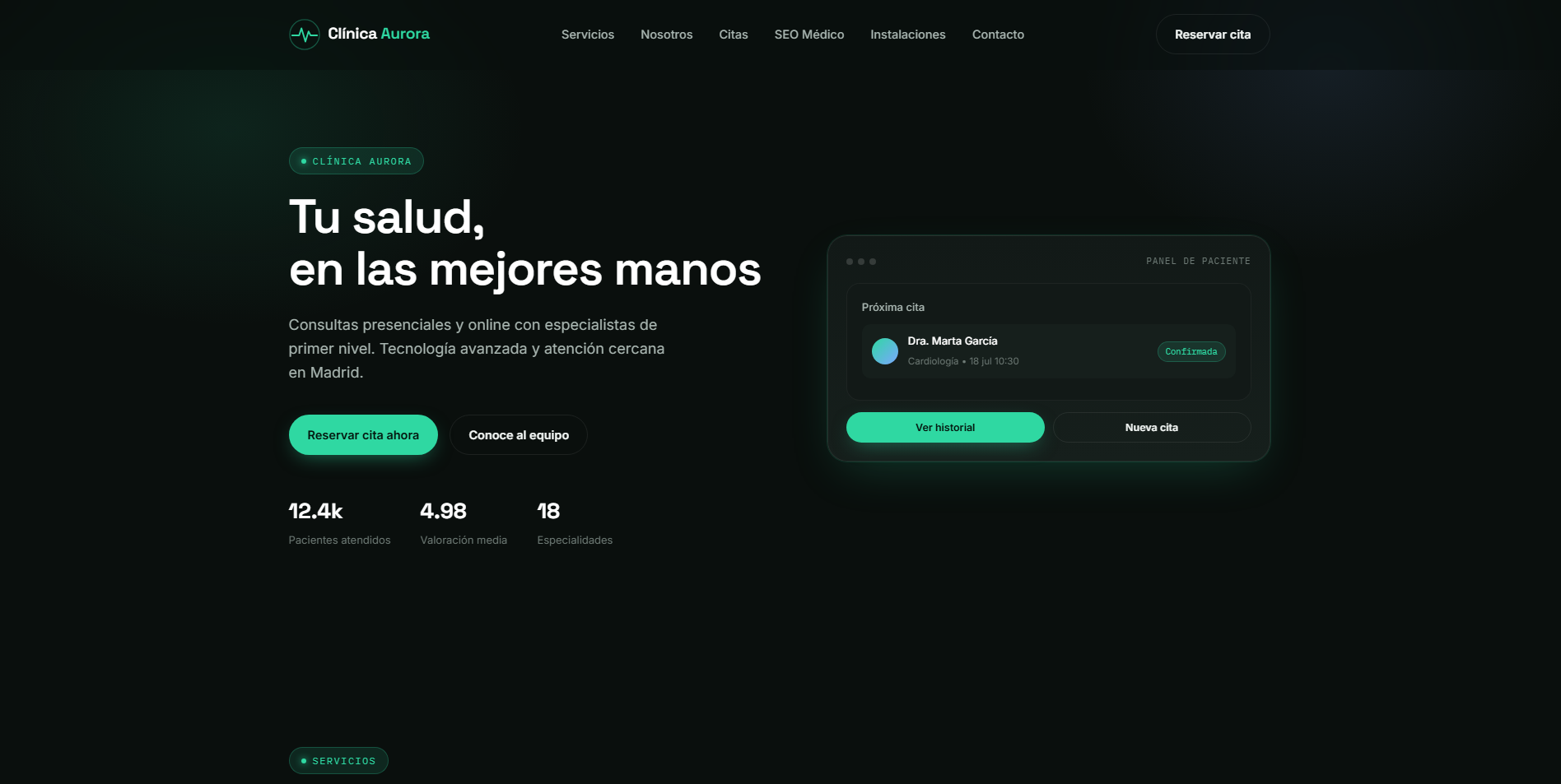 Página web de Clínica Aurora, centro de salud cliente de Peak Site Studio en Móstoles